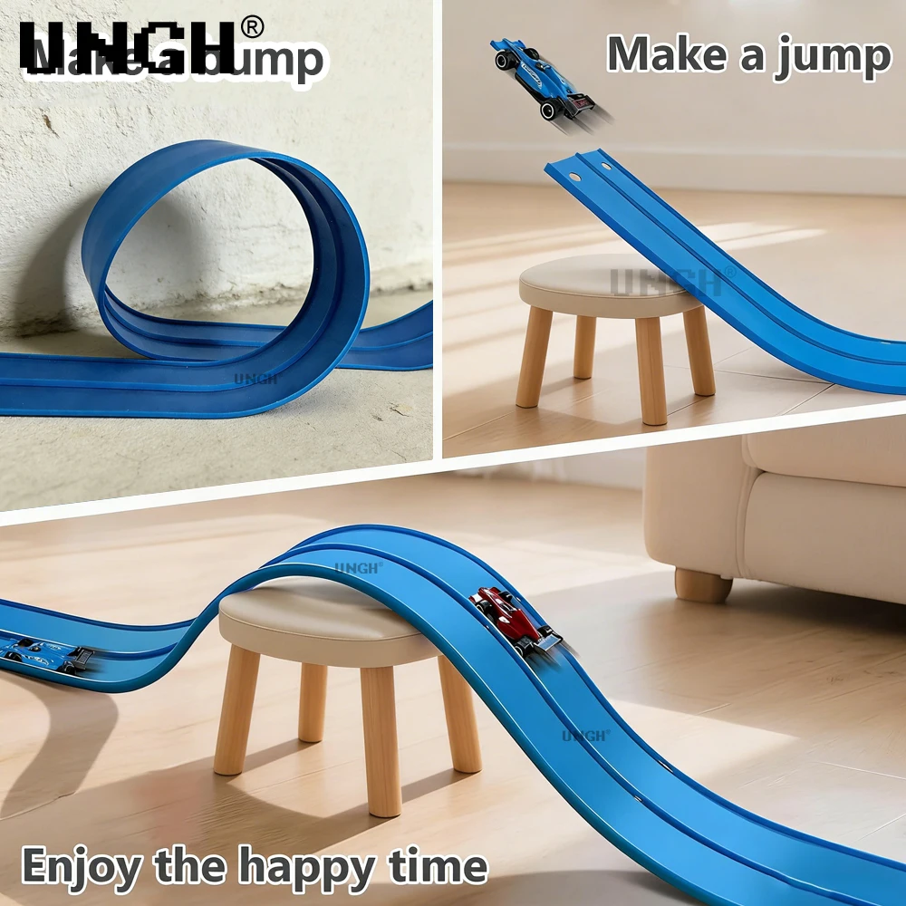 Flexible Race Track Toy DIY Double-track Racing Car Track 4 Shock-Resistant Toy Cars Roll Up Race Track for Kids Game Gift