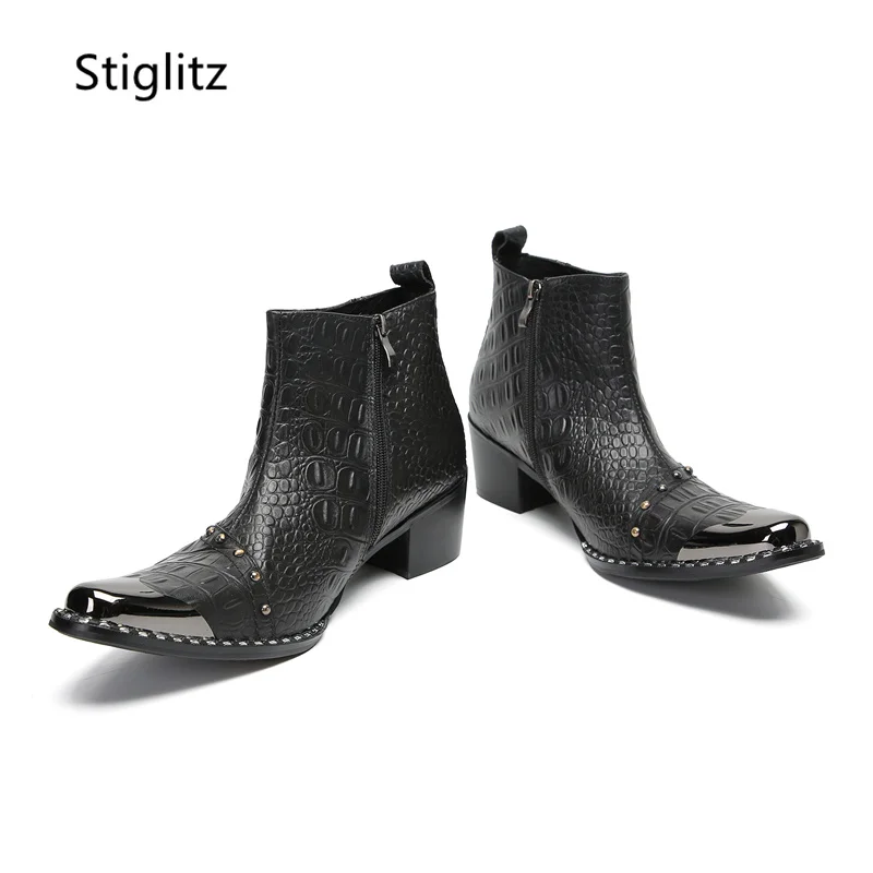 Black Rivet Metal Buckle Ankle Boots Men\'s Leather Shoes Metal Toe Safety Shoes Man for Work Side Zipper Wedding Business Shoe