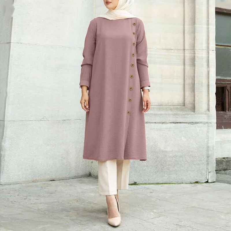 New Muslim loose casual long sleeve button decoration women's long sleeve shirt dress