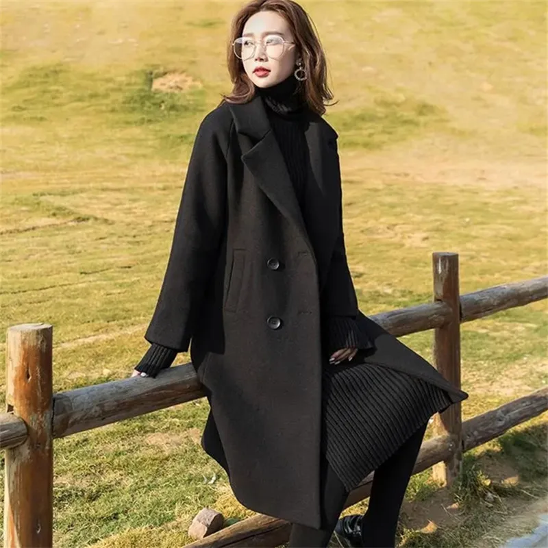 

Coat Women's Autumn and Winter Pop Solid Color Lining Thickened Lapel Double-breasted Woolen Jacket Loose Overcoat Female ZM349