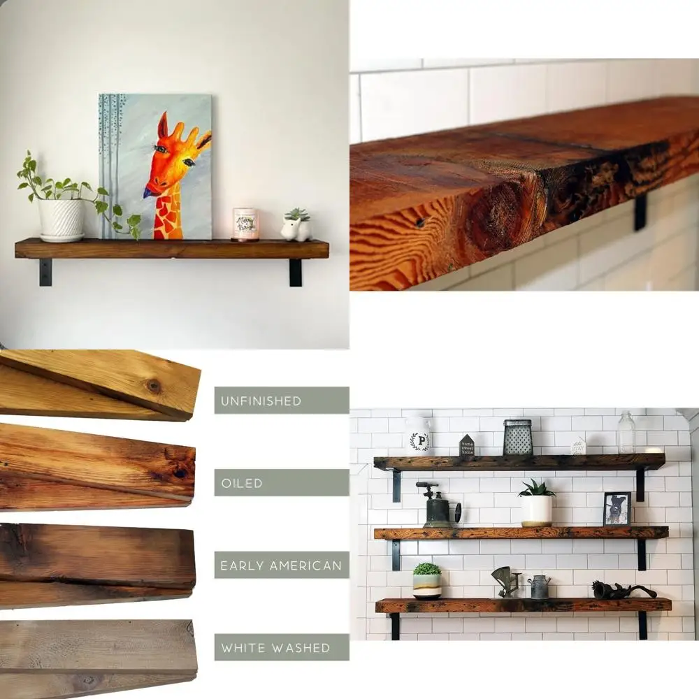 

ern Timber Crat Reclaimed Wood Wall Shel with Steel Angle Brackets | Rustic Decoration | 2" Thickn| 36" L x 10" D, Oiled, 3 Pack