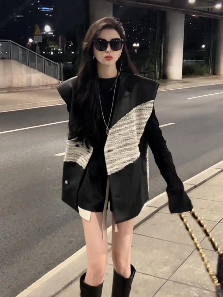 Fashion Street Vest Coat Women+ Slim Fit Long Sleeve Black Bottoming Tops Mujer Y2k High Waist Losoe Shorts Three Piece Sets