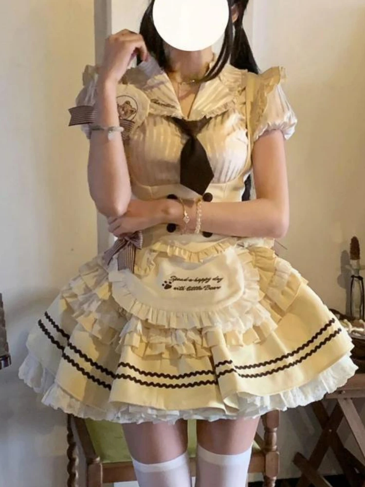 

Women Sweet Lolita Three Piece Set Short Sleeve Shirt Apron Pleated Skirt Tie Maid Style Slim Fit Suit Cosplay Uniform Outfit