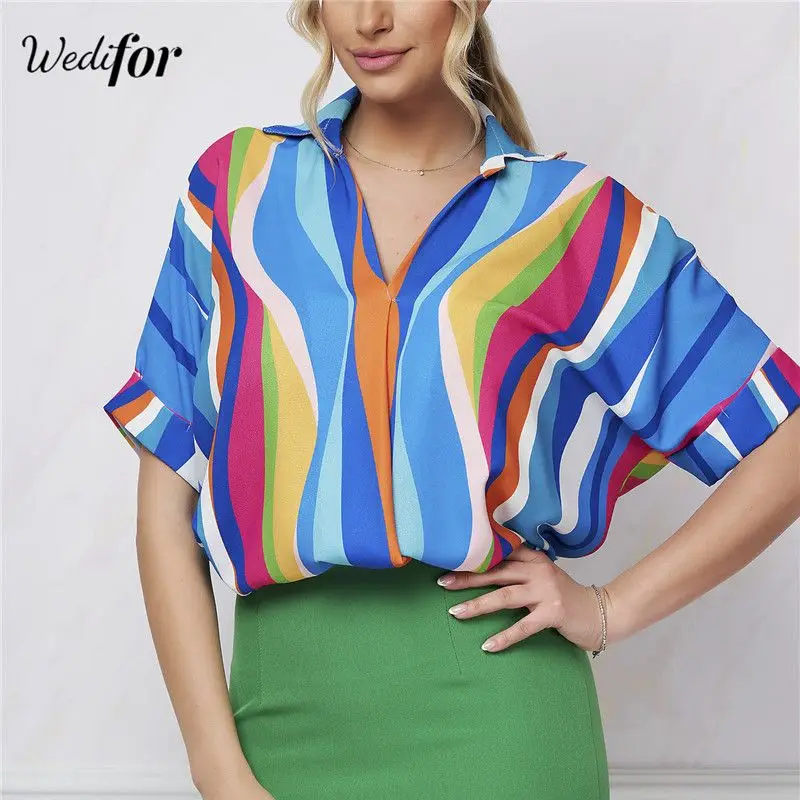 

Wedifor Summer Striped Loose Blouse Shirt Women Half Sleeve V Neck Casual Ladies Top Fashion Printed Pullovers Elegant Clothing