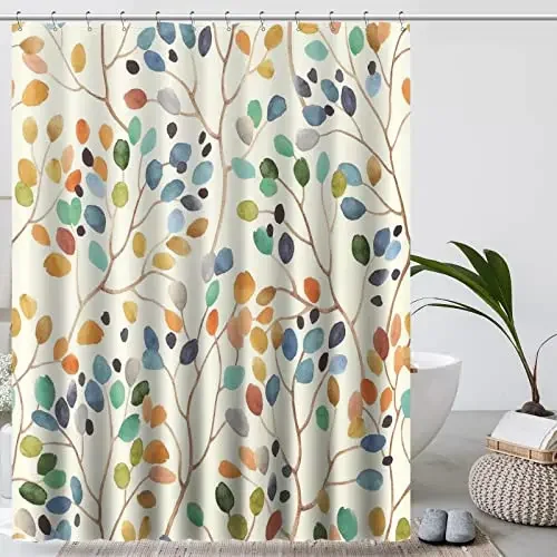 VIKAMA Floral Shower Curtain, Colourful Leaf Pattern Bathroom Decor, Shower Curtain Set with Hooks for Bathroom Decoration