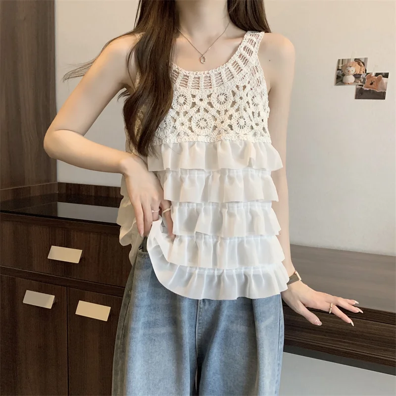 Summer Sleeveless Hook Flower Hollow Out Blouse Women Patchwork Chiffon Shirt Ruffles Knitted Vest Tops