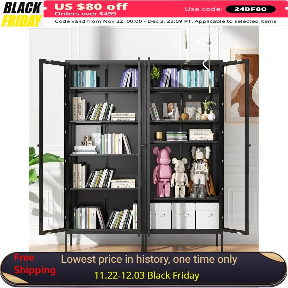 67” Display Cabinet with Glass Doors and 4 Adjustable Shelves, Metal Display Cabinet