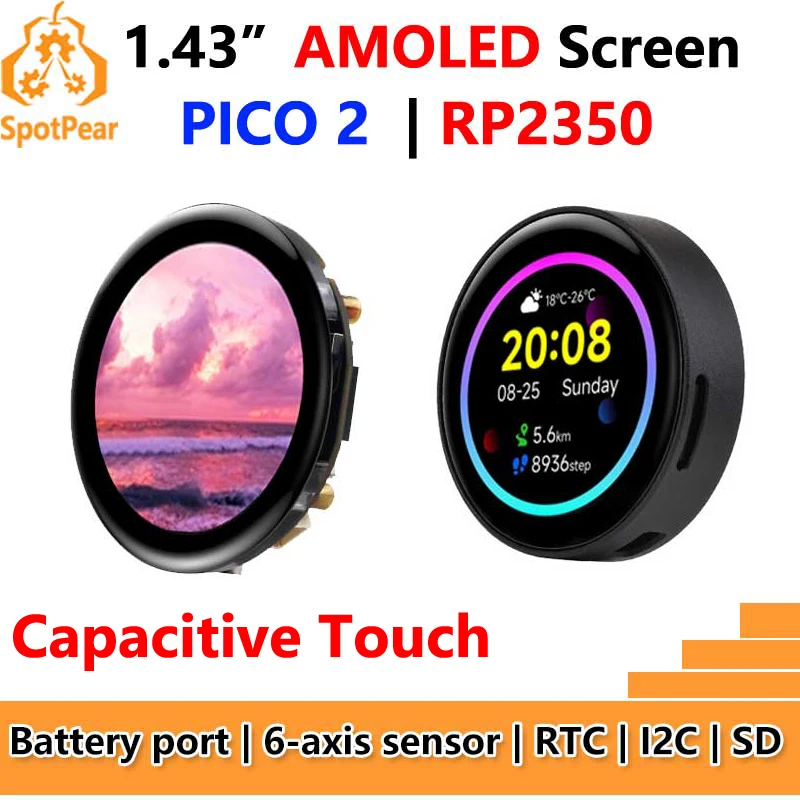 

Raspberry Pi Pico 2 RP2350 1.43inch AMOLED TouchScreen Development Board 1.43 inch Display QMI8658 6-Axis / PCF85063 RTC / SD