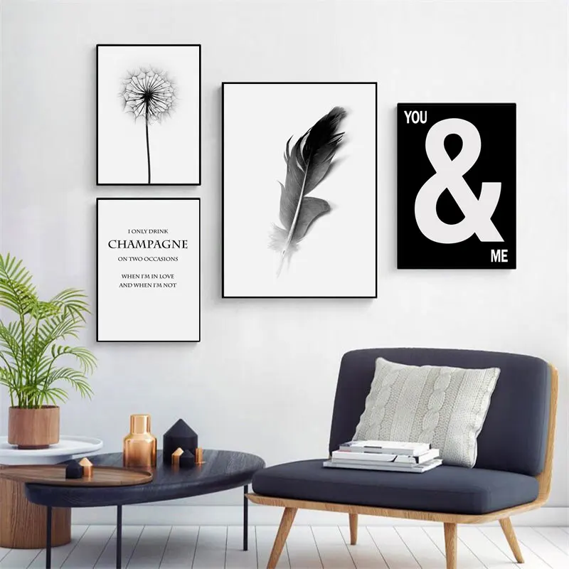 Modern White and Black Dandelion Wall Decor Painting Minimalist Feather You & Me Canvas Art Poster for Bedroom Living Room Deco