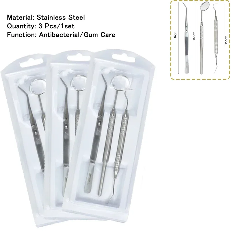 3Set Dental Stainless Steel Cleaning Kit Scraper Probe Hook Pick Tweezer Mirror Oral Calculus Tool