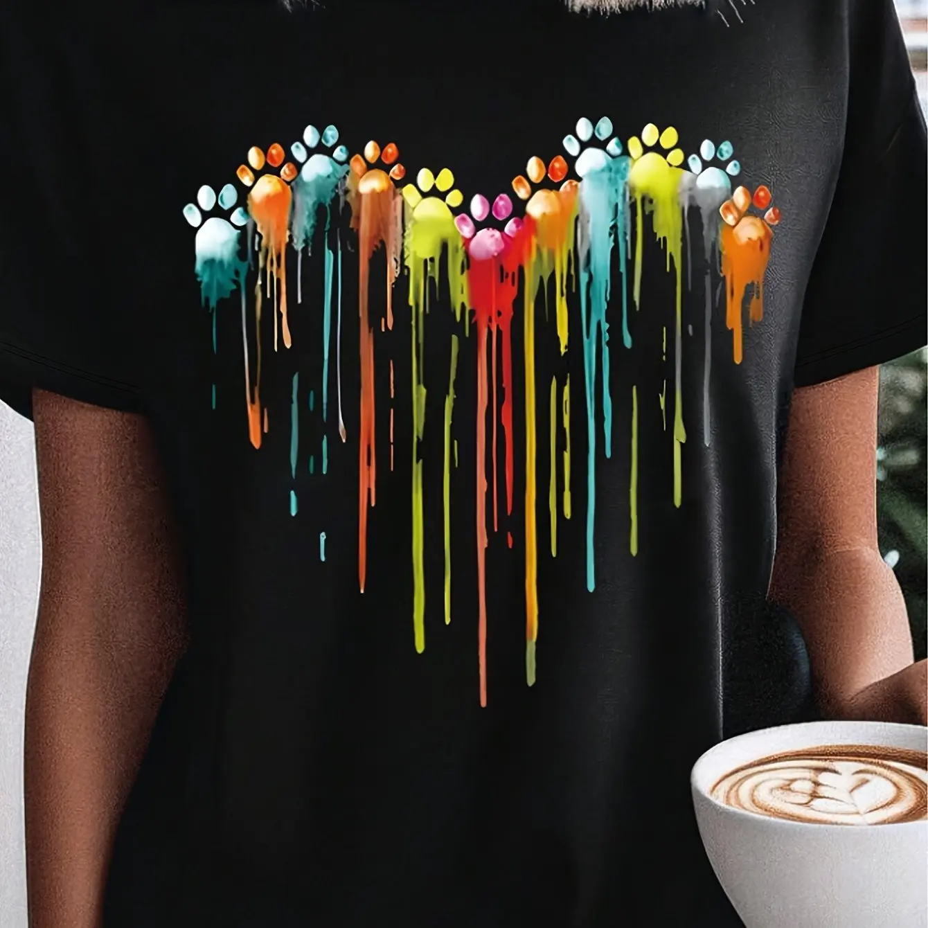 

Plus - Size Pet Paw Graphic Tee, Black Short - Sleeve with Colorful Dripping Paw Prints