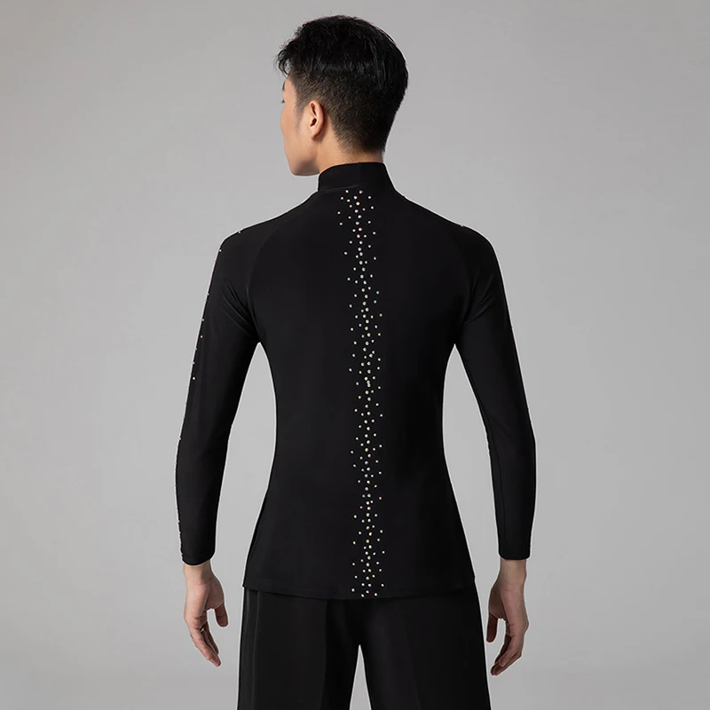 Latin Dance Clothing Male Black Long Sleeves Tops Adult Ballroom Dance Shirts Latin Performance Costume Crystal Tops Red BL8467