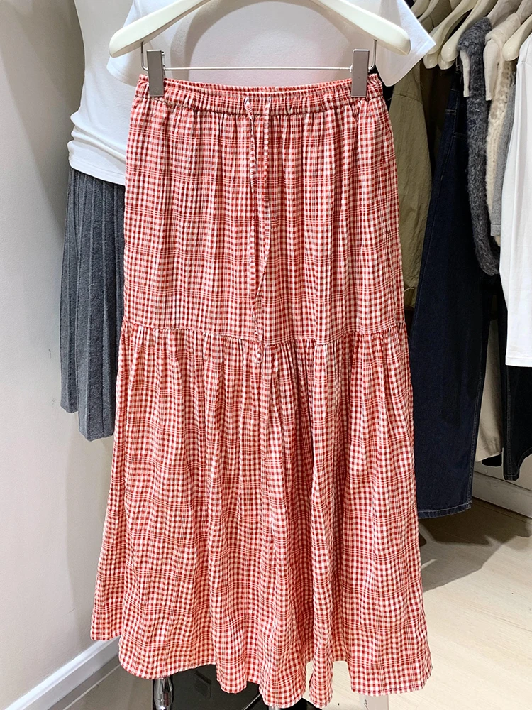 Nuevo Harajuku Y2K falda informal a cuadros roja para mujer, moda japonesa de primavera, falda acampanada con volantes de cintura alta para mujer