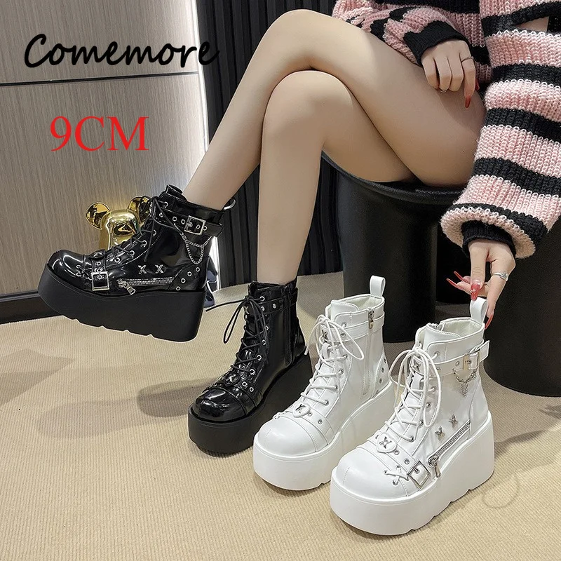 

Comemore Thick Platform Women Short Ankle Boots Girls Street Comfy Fashion Cool Woman Shoes Motorcycle Booties Big Size Female