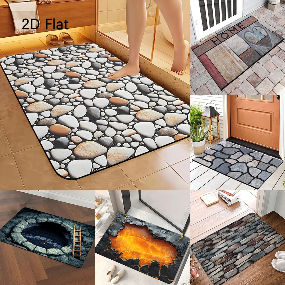 2D Flat-1pc 1. Stone Pattern Door Mats Flat Stone Door Rugs , Suitable for entrance, kitchen,  rectangular carpet decoration.
