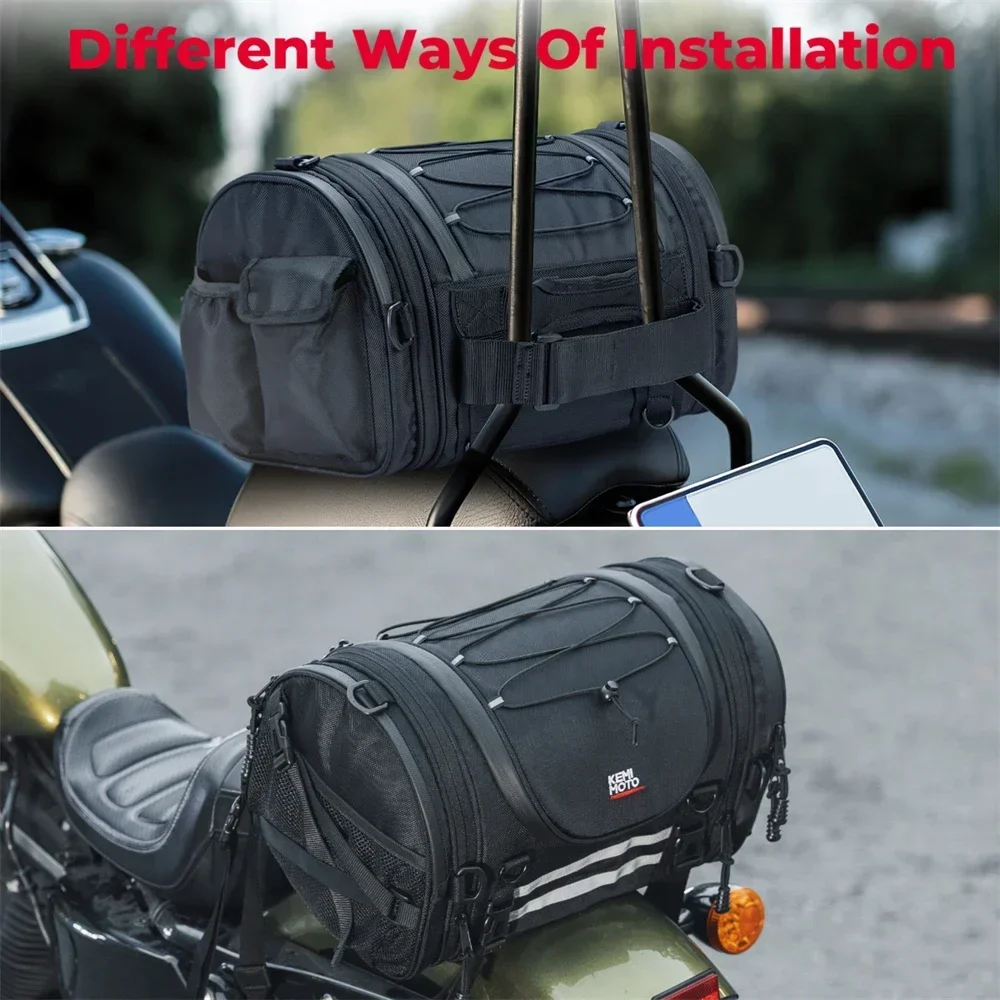 Motorcycle Tail Bags 18-20L Expandable Sissy Bar Bag Oxford Rear Seat Roll Travel Luggage Storage Bag with Rain Cover Saddlebag