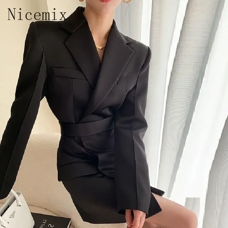 Spring and Autumn High end Waist Slimming Suit Coat Women Top Casual British Mid length Outwear Black Blazers Women Clothing