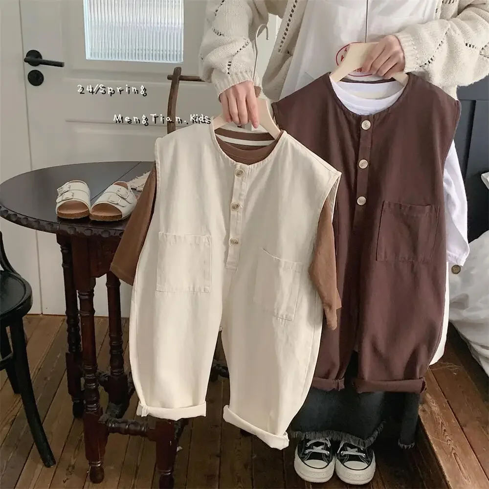 Korean Children's Clothing 2024 Spring New Men's and Women's Cotton Jumpsuit Japanese and Korean Street Fashion Style