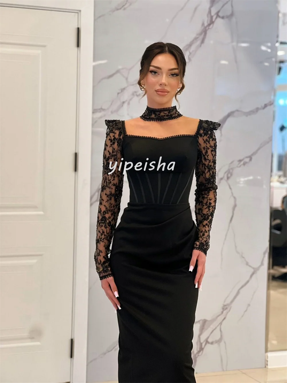 Maßgeschneiderte, exquisite, glitzernde Pailletten, Perlenstickerei, gerade, quadratischer Ausschnitt, lange Kleider, maßgeschneiderte Anlasskleider, elegante Größen erhältlich