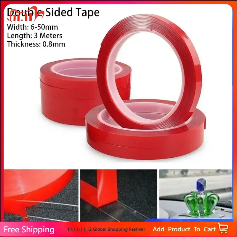 

3 Roll/ Meters PET Red Film Double Sided Tape 6-50mm Width Strong Self Adhesive Sticker Tape Clear Acrylic Fixed Pasted Tapes