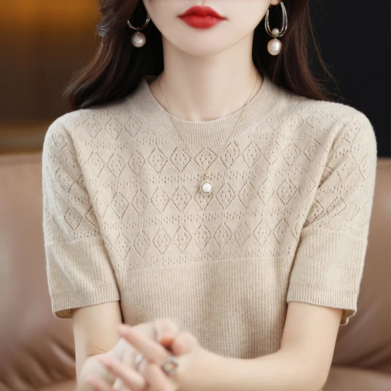 

Повседневный женский свитер с коротким рукавом и круглым вырезом, однотонная рубашка, весенне-осенний вязаный свитер, корейские модные пуловеры