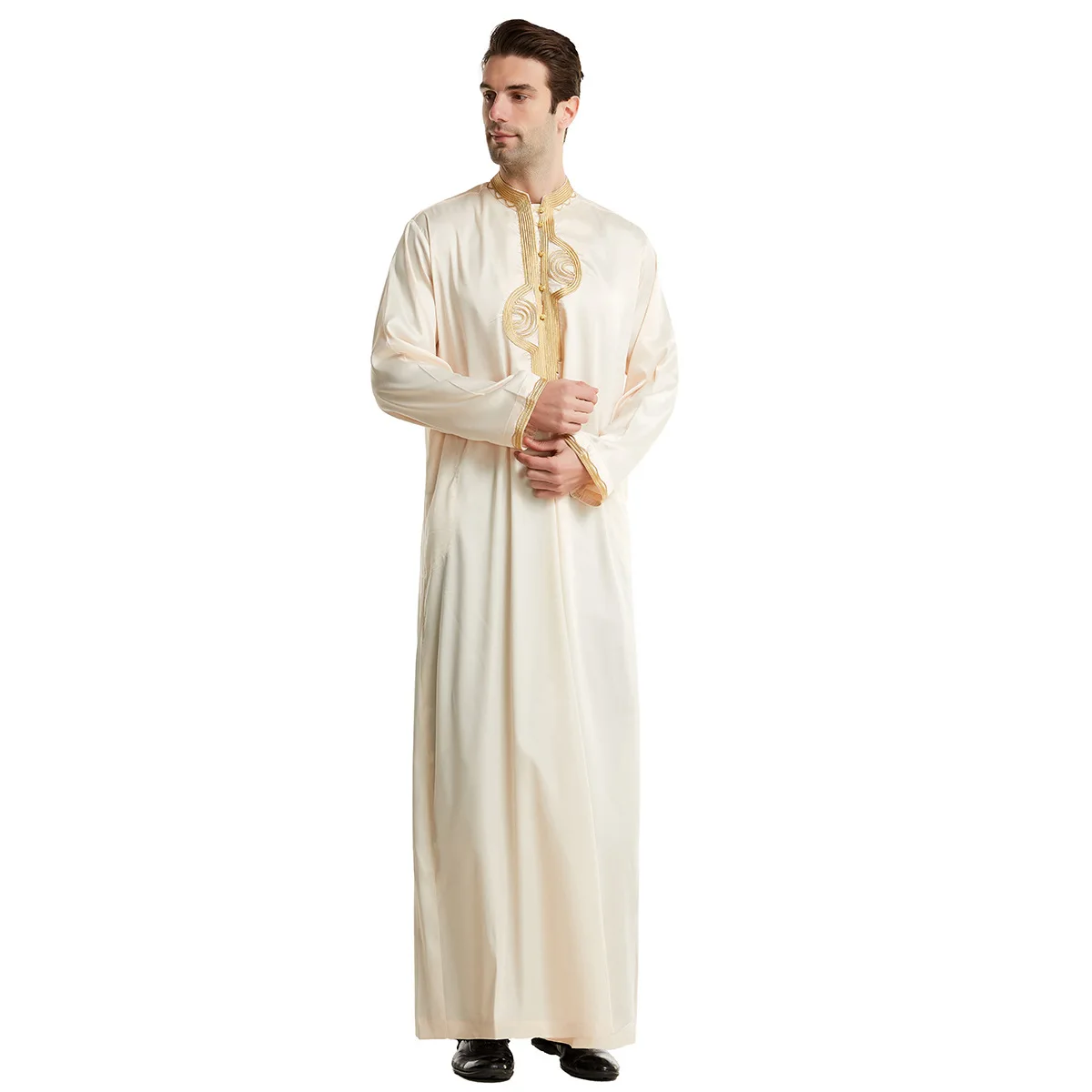 Uomo musulmano manica lunga vestito Daffah Thobe Jubba arabia saudita Thoub caftano abbigliamento islamico Robes Abaya Dubai medio oriente