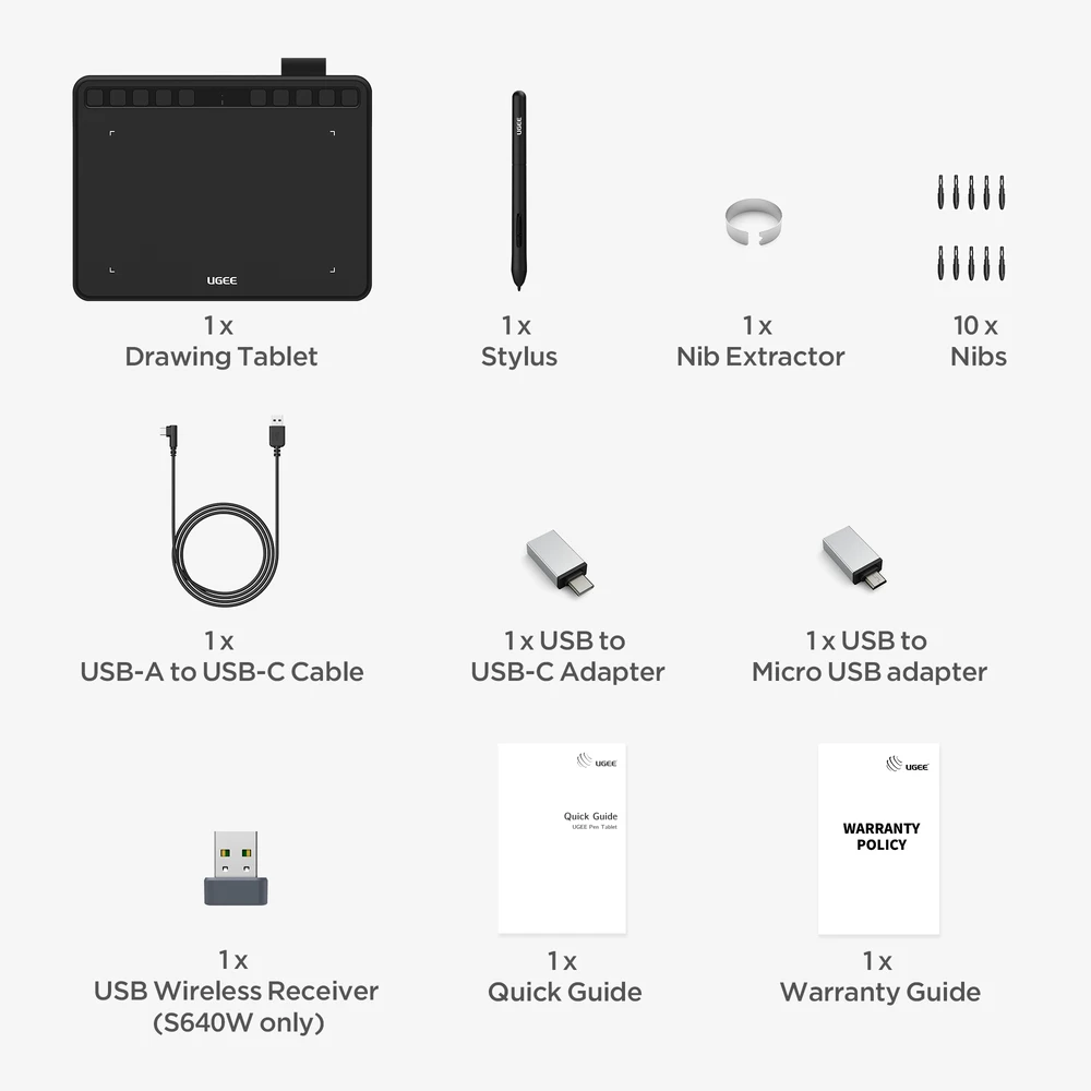 UGEE S640 Draw Graphic Tablet with Stylus 6.3x4 Inches Drawing Digital Pen Tablet for Linux Mac Windows Android OSU