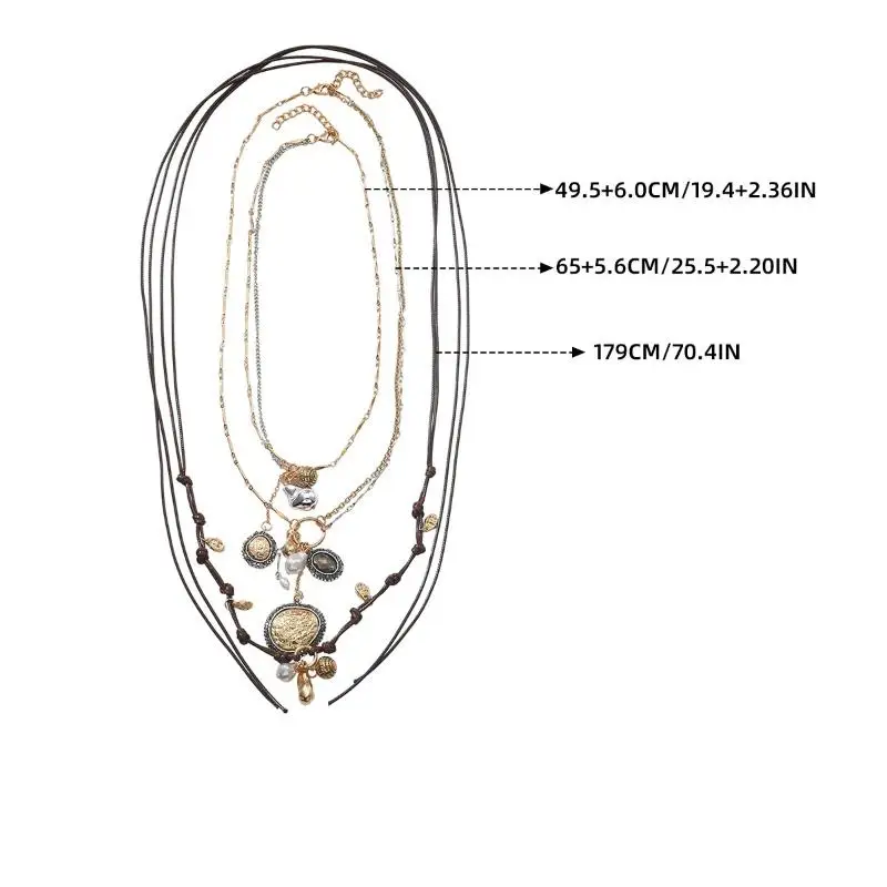 قلادة احتفالية بسلسلة حبل بوهيمية أنيقة للنساء؛ إكسسوار شارة معدنية مستديرة للعملات المعدنية.