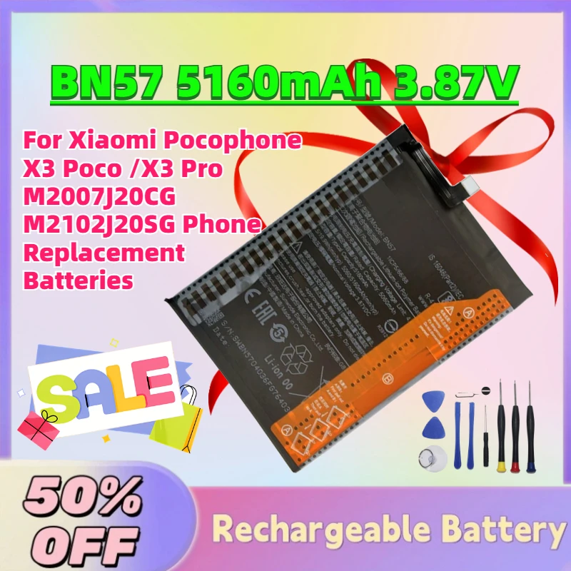 

Fast Shipping BN57 5160mAh 3.87V Battery for Xiaomi Pocophone X3 Poco /X3 Pro M2007J20CG M2102J20SG Phone Replacement Batteries