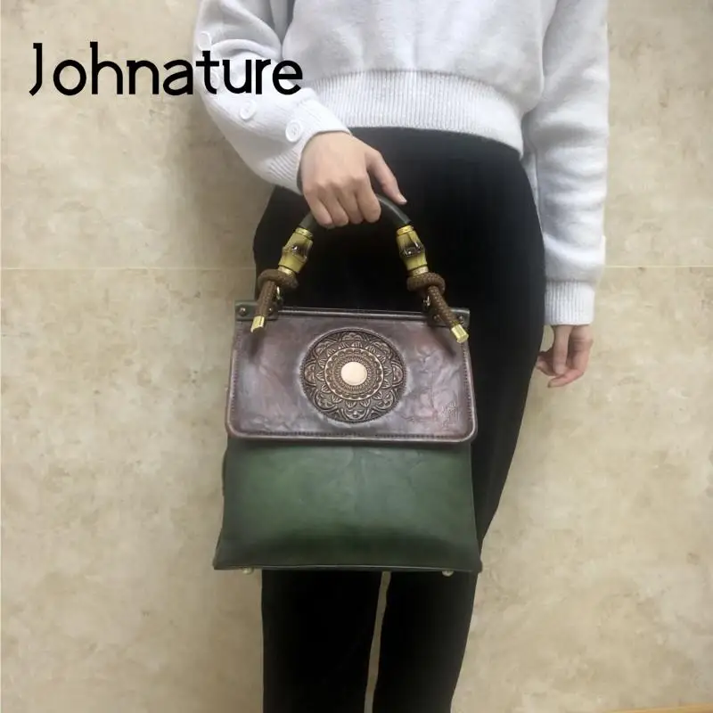 Johnature Vintage Women Bag 2024 New Classic Totem Embossing Luxury Handbag Versatile High Quality Leather Ladies Shoulder Bags