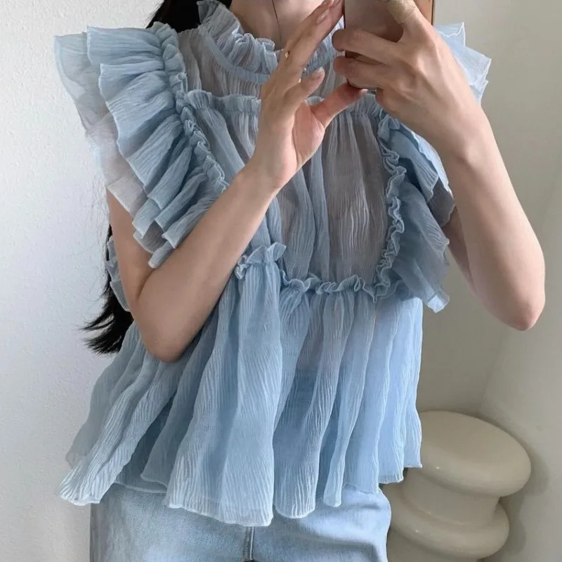 Sweet Chic Ruffles Shirts & Blouses Flying Sleeve Women 2024 Blusas Sleeveless Ropa Mujer Loose Camisas Korean Style Blusa