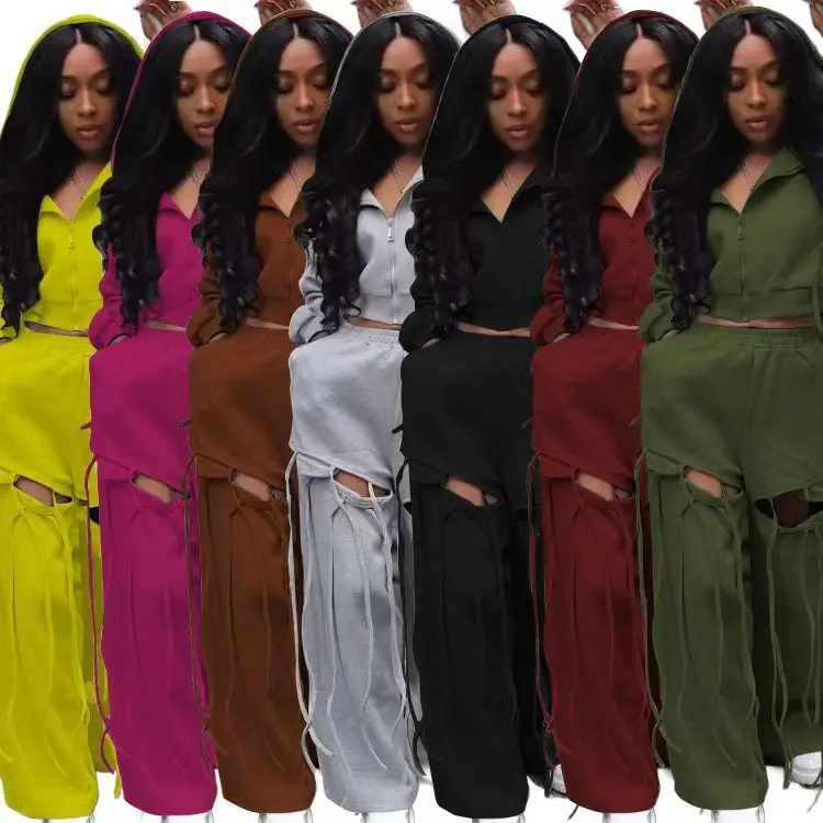 

Two Pieces Women Pant Sets Solid Matching Set Zipper Hooded Coat Hole Elastic Waist Wide Leg Pants Streetwear Casual 2025 Autumn