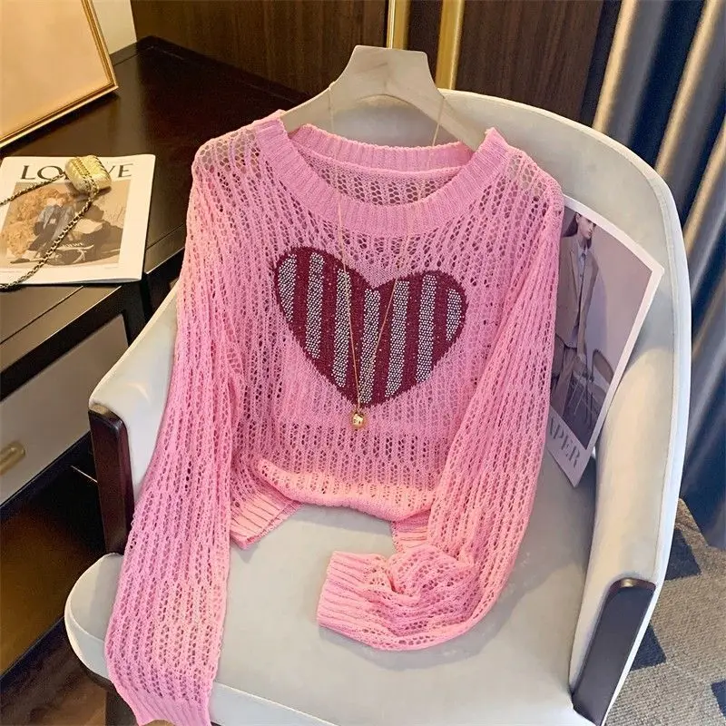 

Blouse Knitwear Women's Spring Heart Motif Rhinestones Openwork Sun Protection Knit Stylish Youthful Designer Comfortable Niche