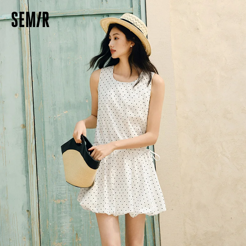 Semir Sleeveless Dress Women Square Neck Drawstring Polka Dot Bubble Skirt 2025 New Summer Cute Playful Style
