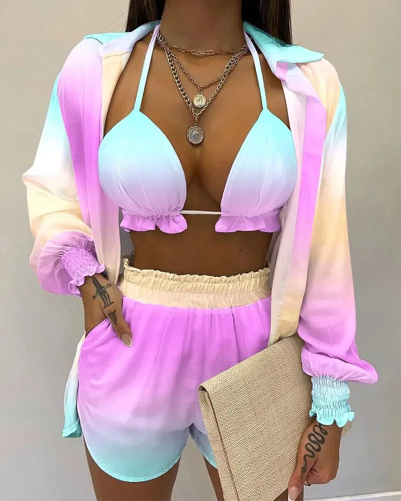 Three-Piece Suit for Women, Beach Style, Holiday Style, Monochrome Printing, Casual Sexy, Summer Fashion, 2024