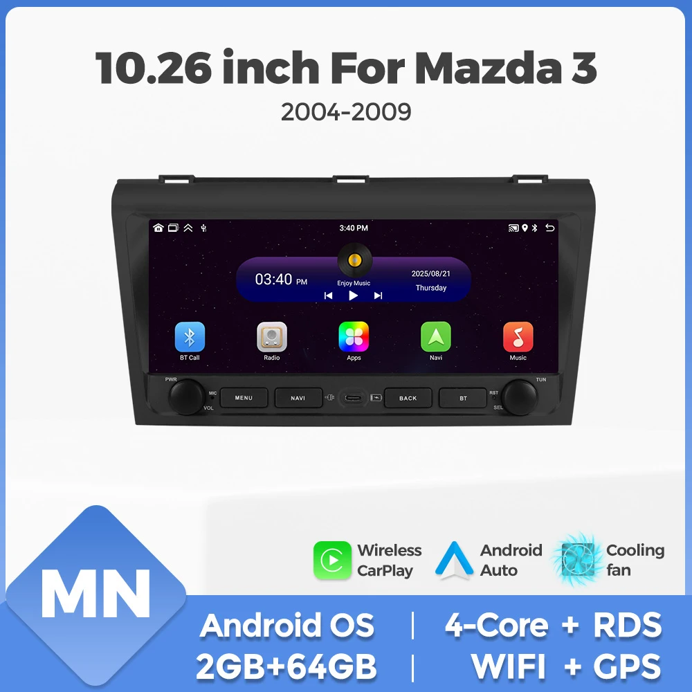 Rádio Automotivo Android 15 de 10,26 polegadas para Mazda 3 2004-2009, Reprodutor Multimídia com GPS, Bluetooth e Carplay, Sistema Inteligente Automotivo