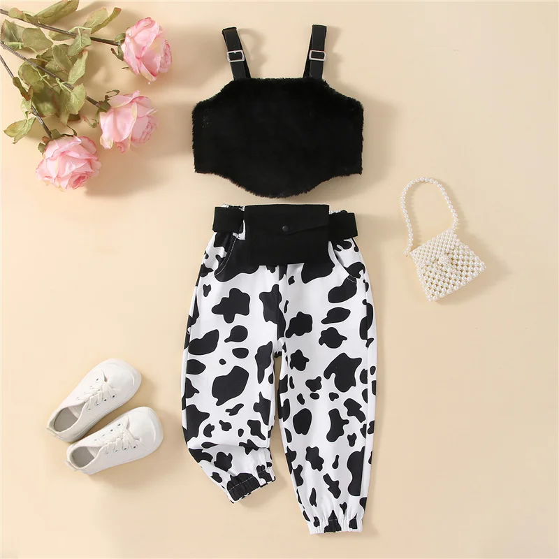 3 Pieces Girls Pants Set, Fuzzy Tank Tops + Cow Print/Leopard Print Long Pants + Waist Bag Set for Kids, 18 Months to 6 Years