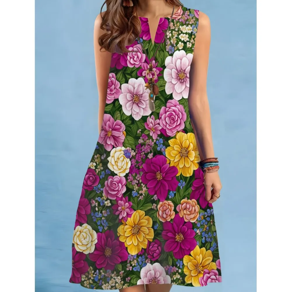 유행 꽃 미니 드레스 2025 여성 v 넥 민소매 섹시한 프린트 a 라인 드레스 보헤미아 비치웨어 Платья Roupas Feminina