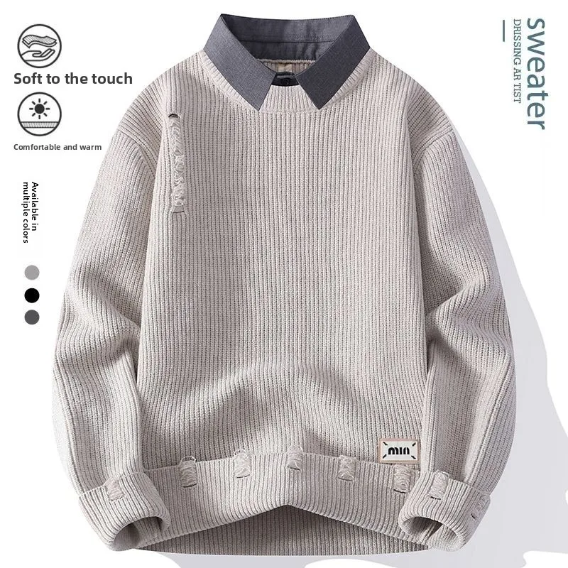 

Новый высококачественный мужской вязаный свитер, осень-зима, искусственный двухсекционный трикотаж с отверстиями, повседневный широкий крой M Faion