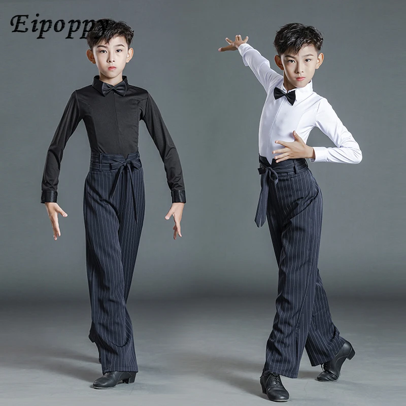 Children's Latin Dance Performance Costumes Boys' Standard Examination White Top Children's Exercise Clothing Blue Striped Pants