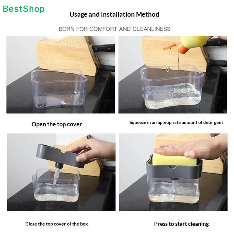 〔G〕2 In 1 Household Kitchen Pressing Soap Liquid Box Easy To Replenish Durable For Sponge Dish Cloth Pot Brush