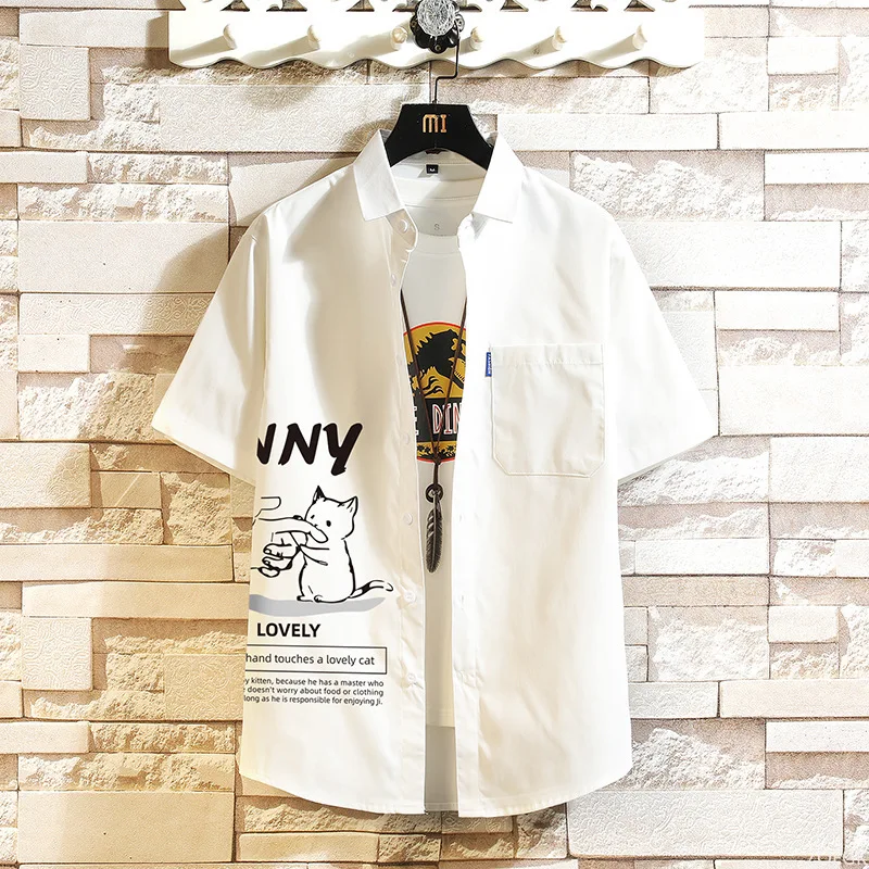 

2024 New Men's Short Sleeved Shirt Japanese Trendy Fashion Large Cartoon Cat Printed Casual Shirt