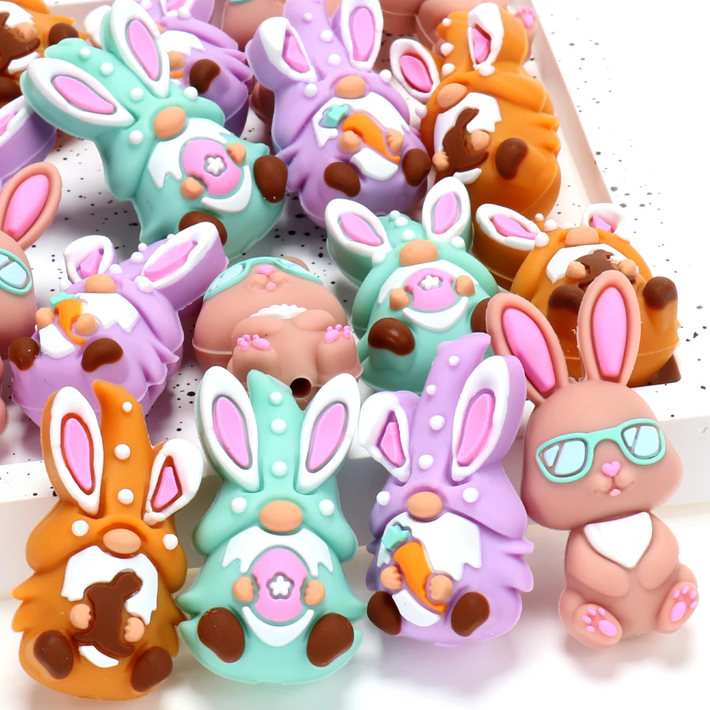 4pcs Easter Mixed Silicone Focal Beads Fun Rabbit Gnome 3D Silicone Charms For Bracelets, Keychains, Lanyards, Pen Decorations