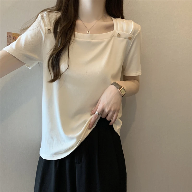 Women's Clothing Korean Style Ruffle Button Chic Sweet Rib Kint T Shirts Summer Trendy Square Collar Short Sleeve Solid Y2K Tops