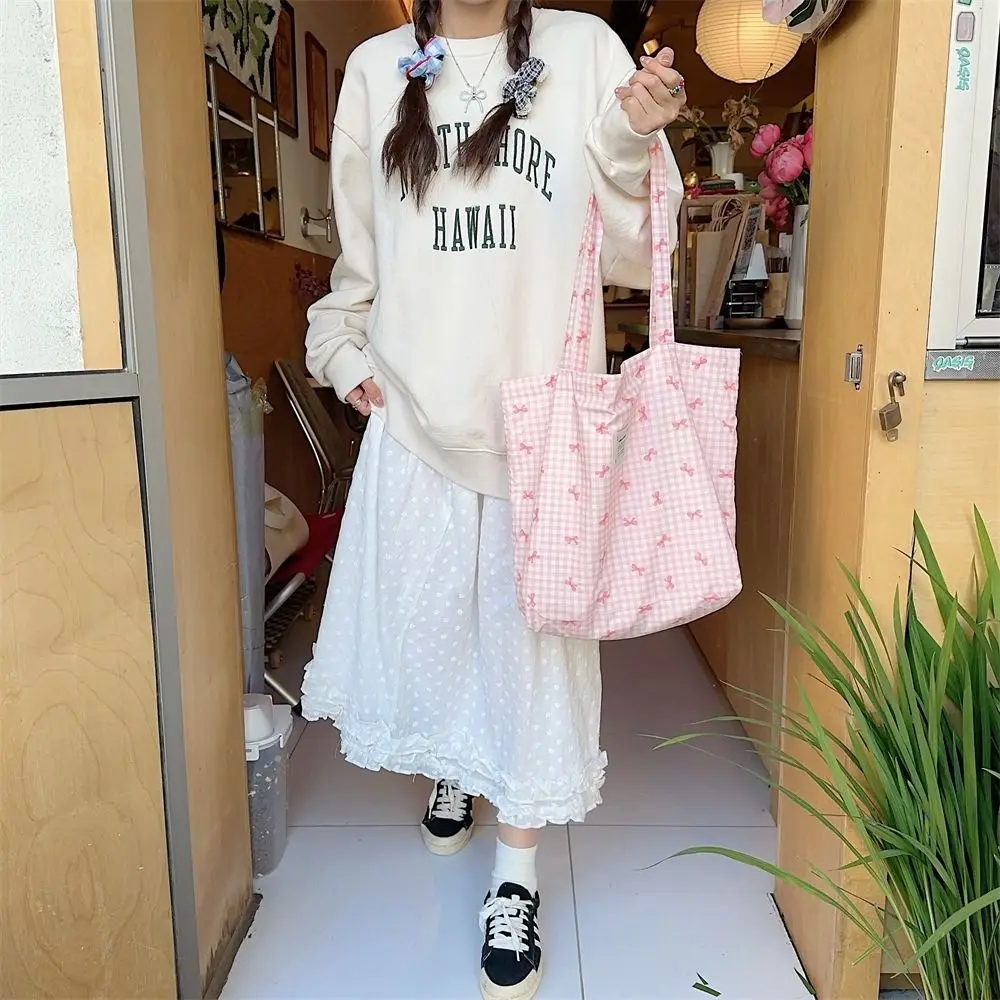 

Portable Printed Bowknot Shoulder Bag All Match Large Capacity Canvas Shopping Bag Fashion Sweet Casual Handbag Female