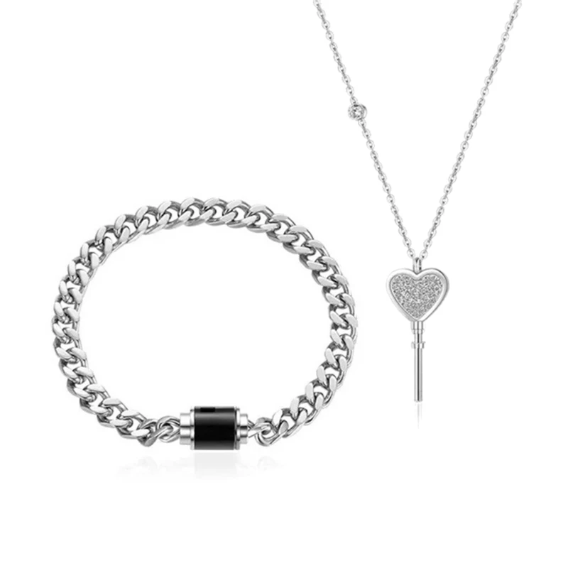 

2pcs Fashion Lock Charm Bracelet Metal Chain Bangle Stainless Steel Heart Key Pendant Necklace Couple Matching Jewelry