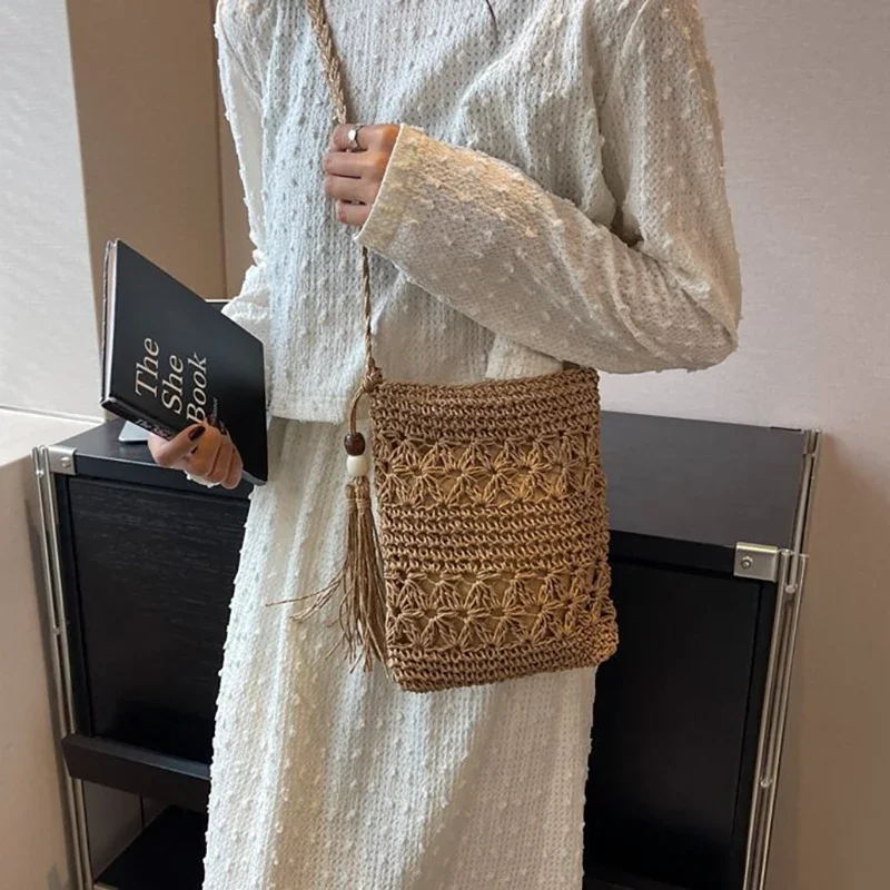 Women Beach Woven Straw Shoulder Messenger Bag with Tassel Boho Hollow Out Crochet Crossbody Handbag Macrame Clutch Purse Wallet view 3