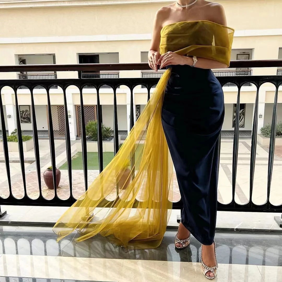 

Merida Yellow Tulle Strapless Satin Formal Dresses Mermaid Sleeveless Ankle-Length Elegant Party Dresses For Women 2023