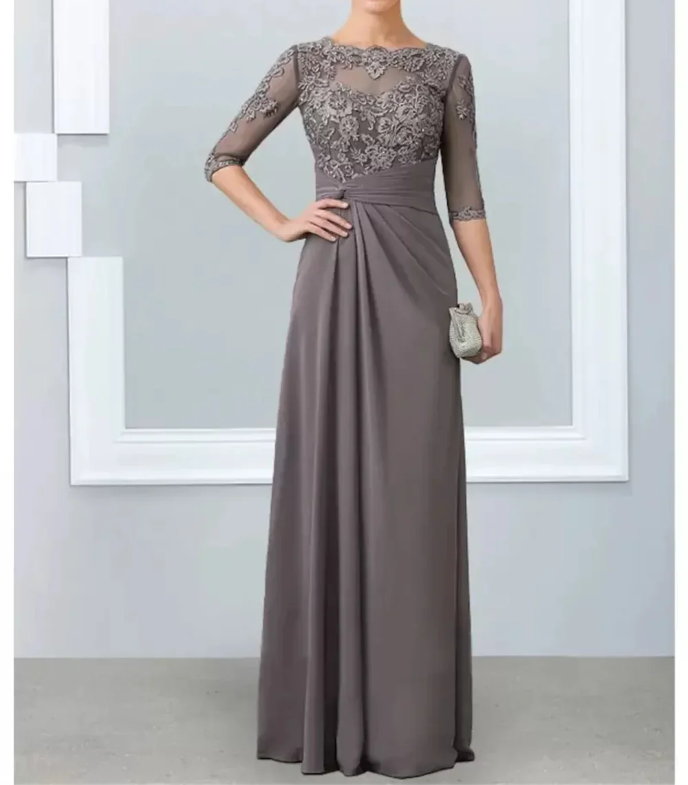 Jewel A-line Gray Mother of the Bride Dress Half Sleeves Appliques Lace Elegant Floor Length Chiffon Wedding Party Gowns