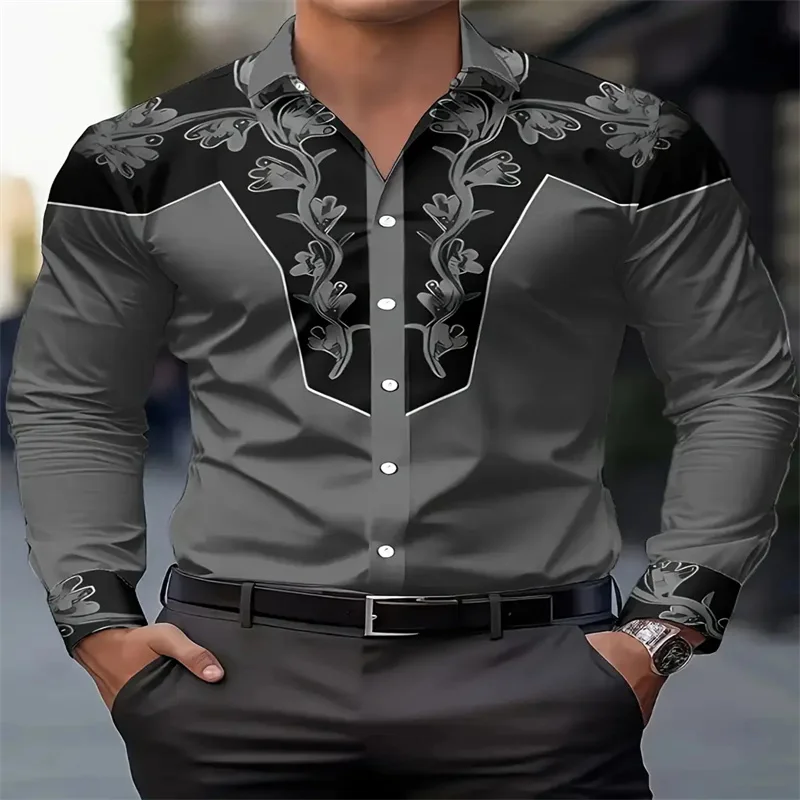Men's Black Floral Pattern Long Sleeve Shirt - Button Neck Non Elastic Formal Casual Suit - Machine Washable Wedding Party Dress